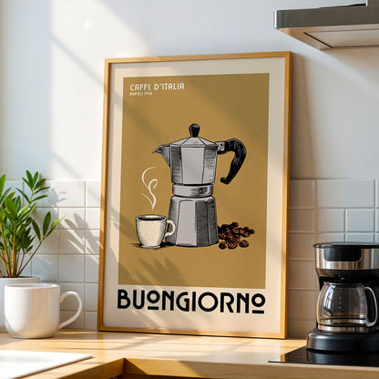 a framed poster of a coffee maker and coffee cup, with the text "Buongiorno" below the illustration.
