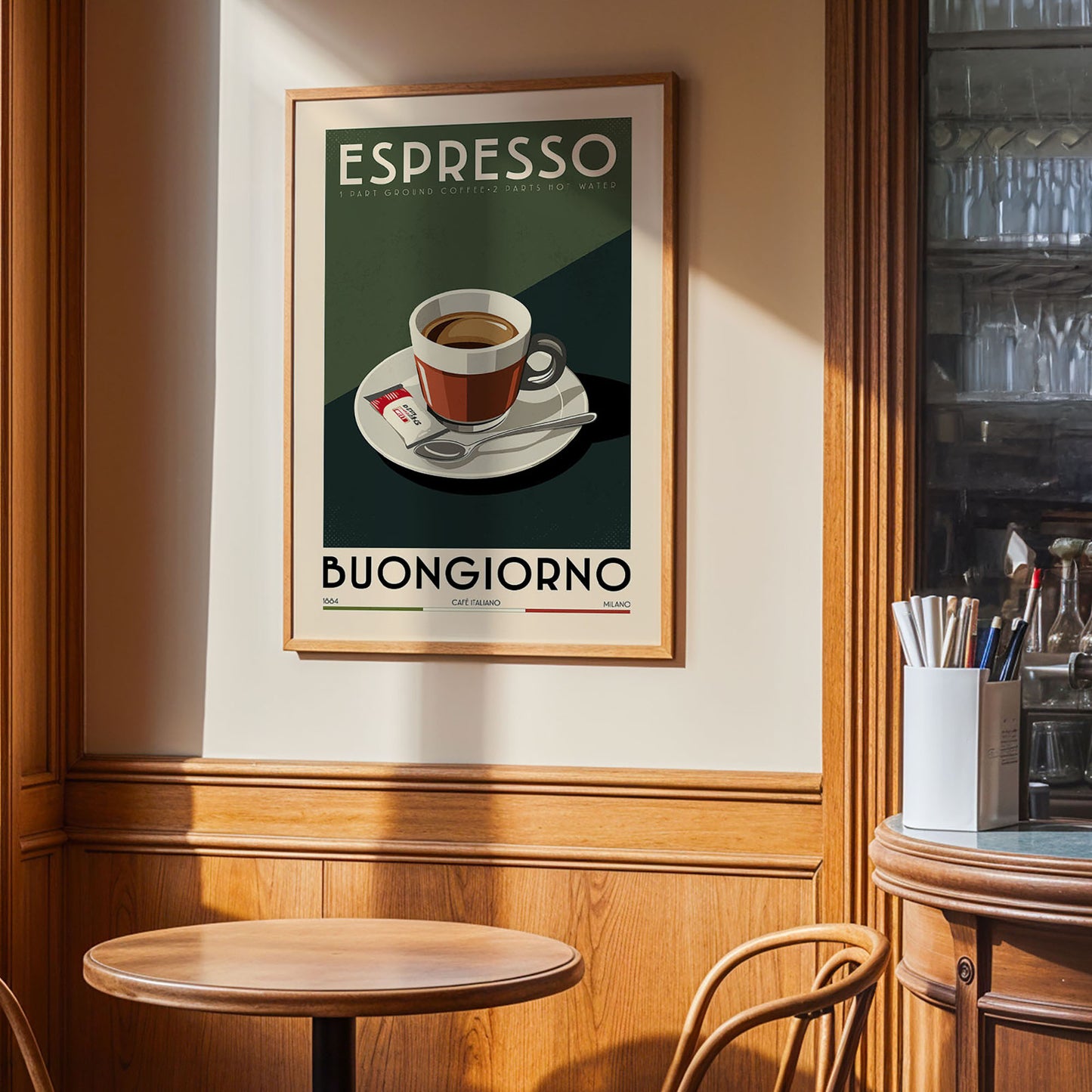 a framed poster of a cup of espresso coffee on a table, with the text "ESPRESSO BUNGGIORNO" and "CAMINO" visible.