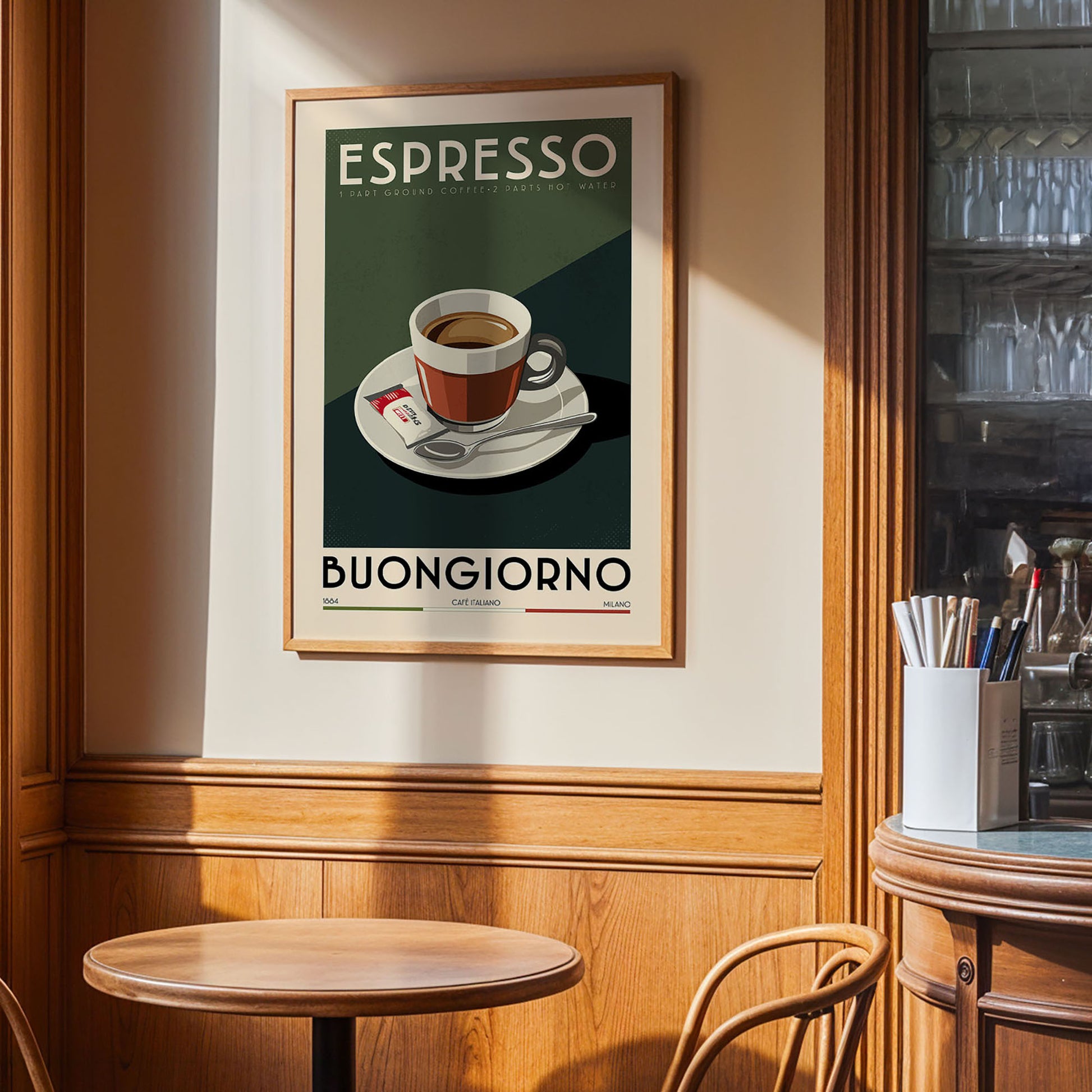 a framed poster of a cup of espresso coffee on a table, with the text "ESPRESSO BUNGGIORNO" and "CAMINO" visible.