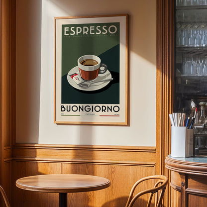 a framed poster of a cup of espresso coffee on a table, with the text "ESPRESSO BUNGGIORNO" and "CAMINO" visible.