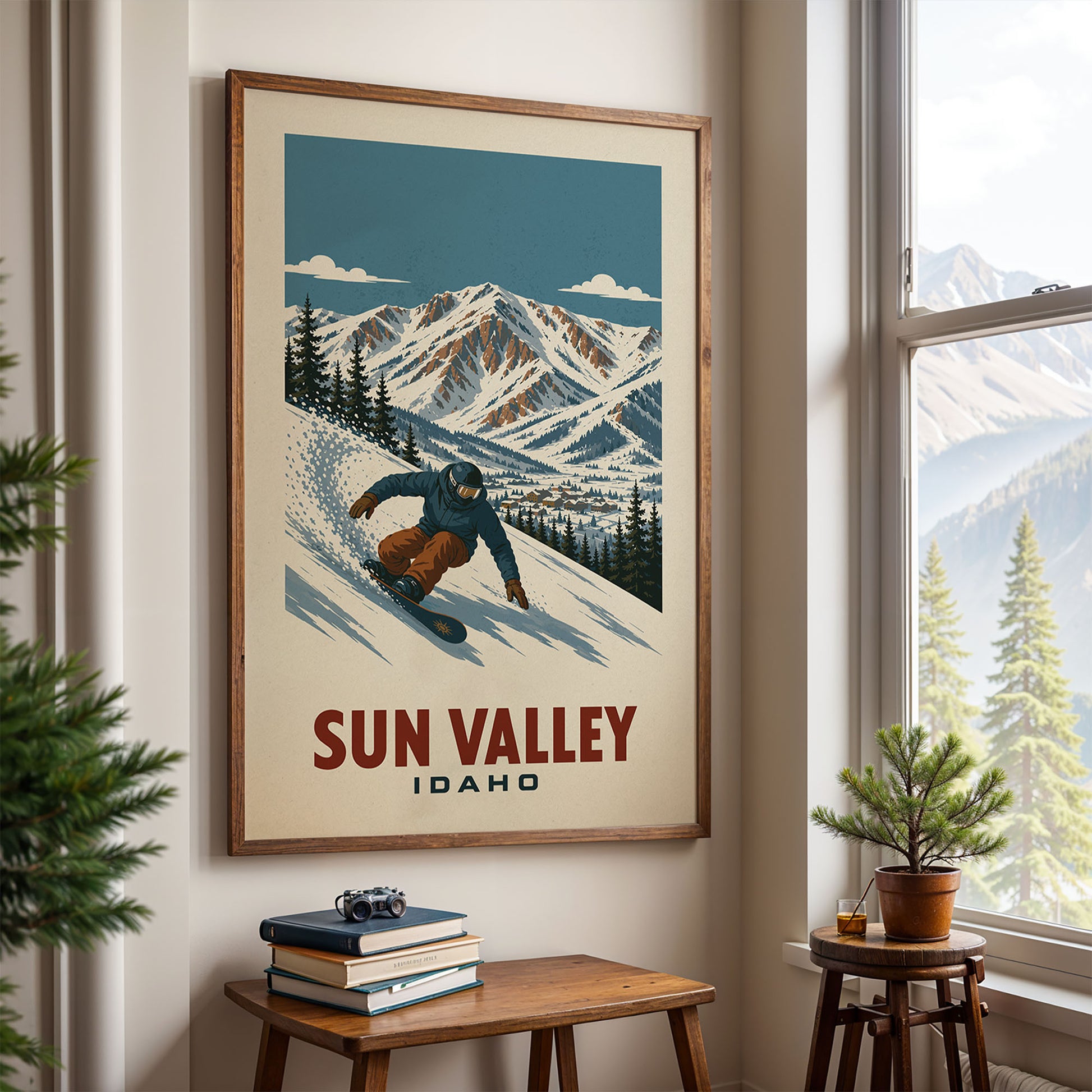 a framed poster of a snowboarder in a snowy mountain landscape, with the text "SUN VALLEY IDAHO" below the image.