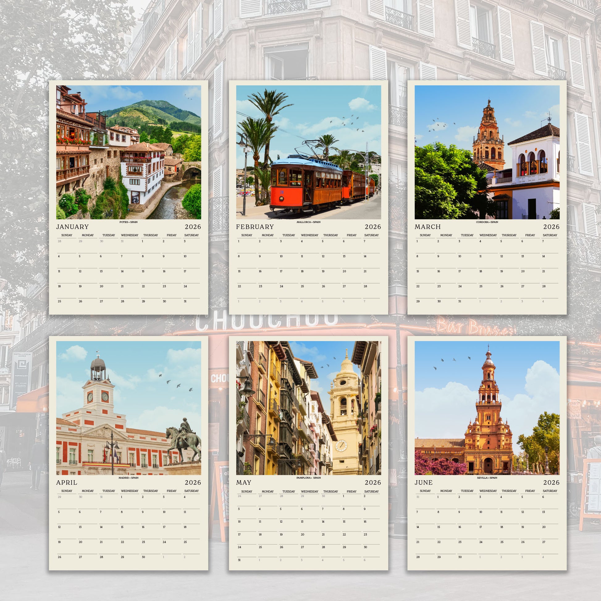 The image is a calendar featuring six different pictures of various landmarks and buildings in different cities around the world.
