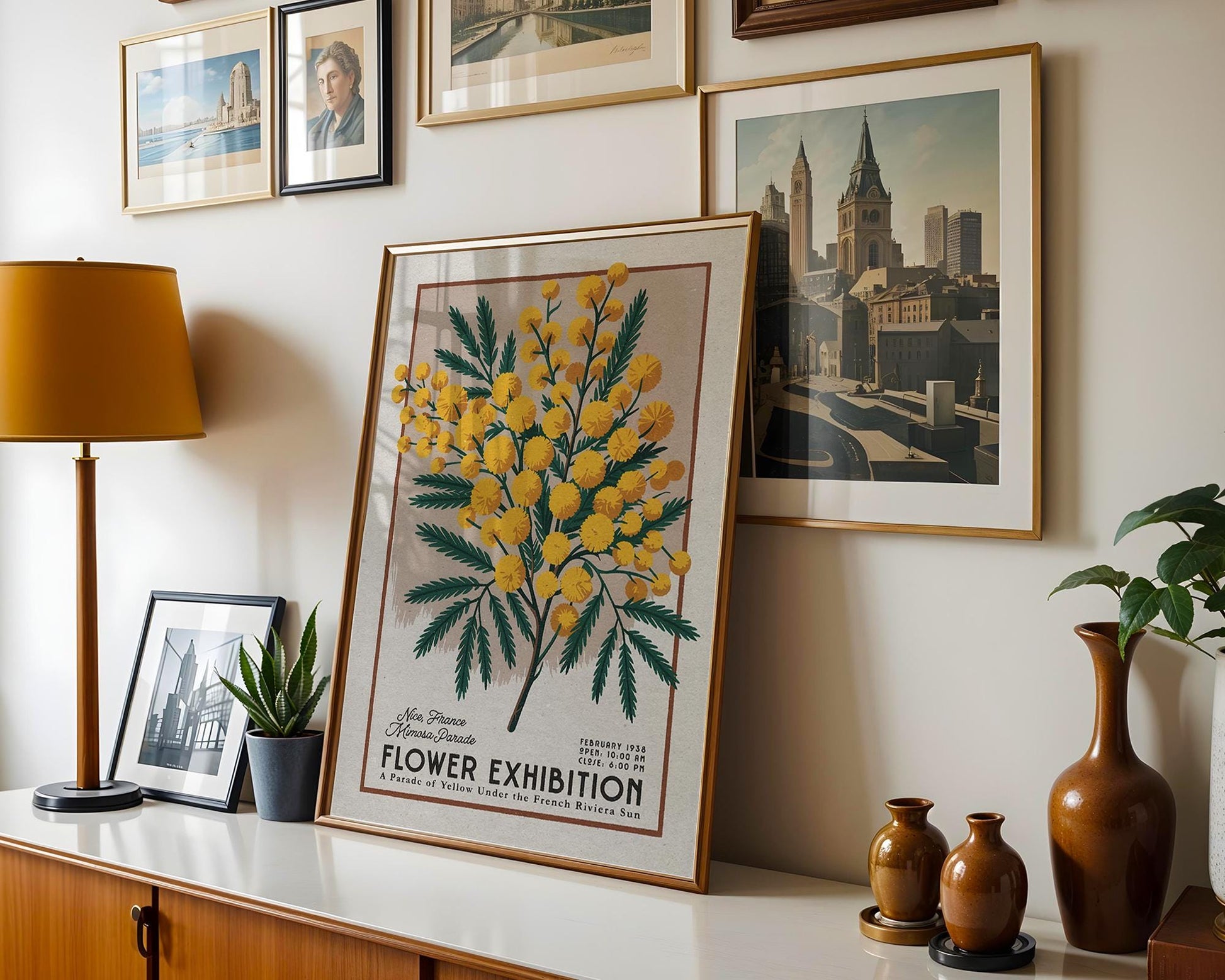 a picture of a flower exhibition hangs on a wall
