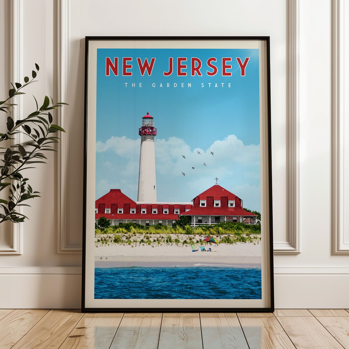 A framed poster of a lighthouse and a beach in New Jersey, with the text "NEW JERSEY" and "THE GARDEN STATE" prominently displayed.