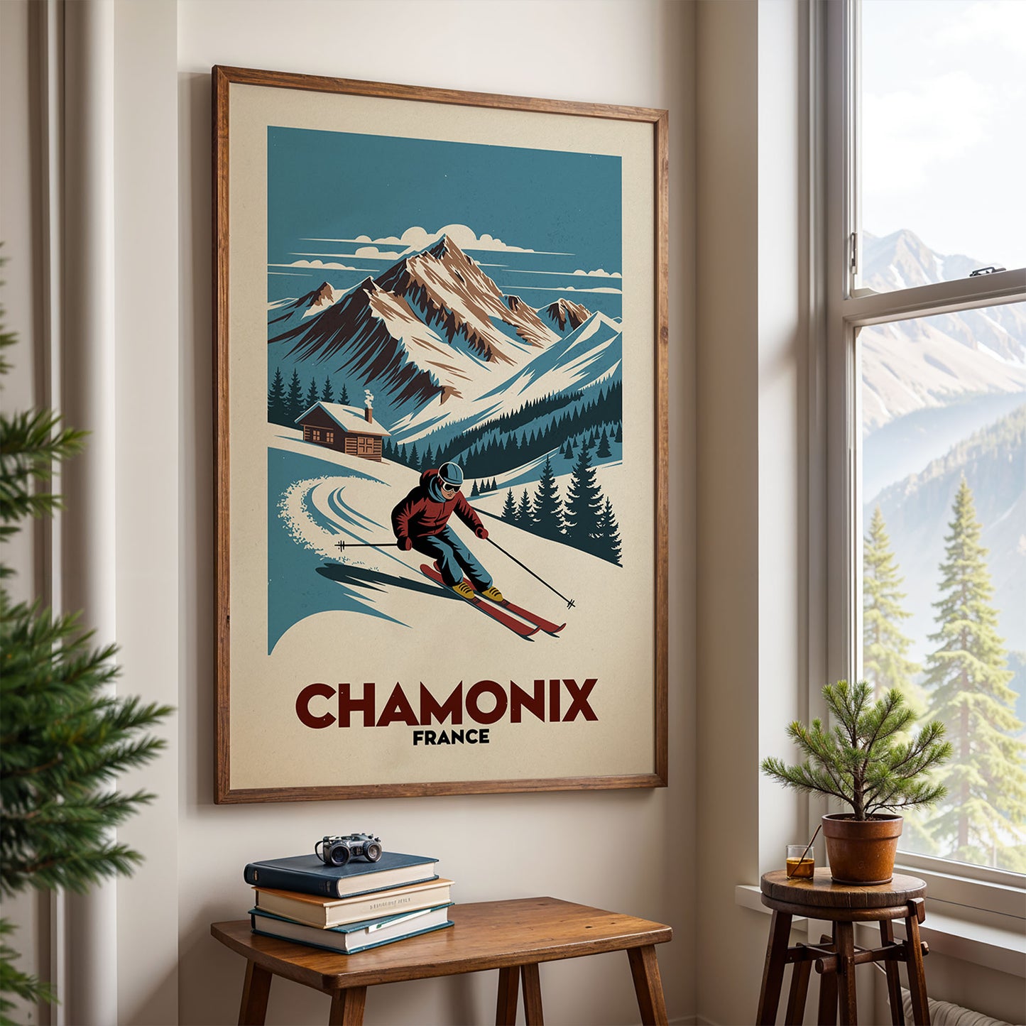a framed poster of a skier on a snowy mountain, with the text "CHAMONIX FRANCE" below the illustration.