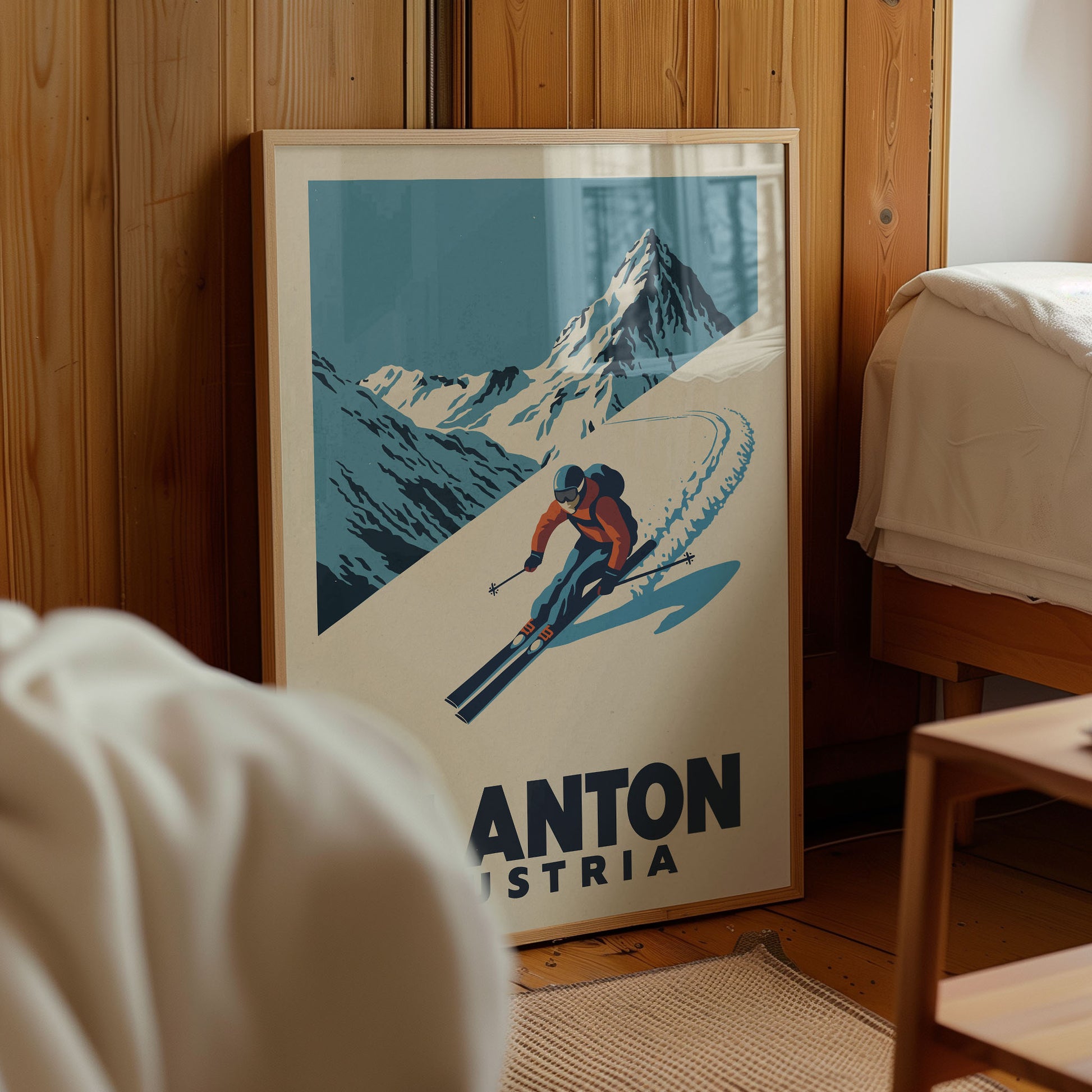 A framed poster of a skier in a mountainous landscape, with the text "ANTONIA VISTRA" prominently displayed.