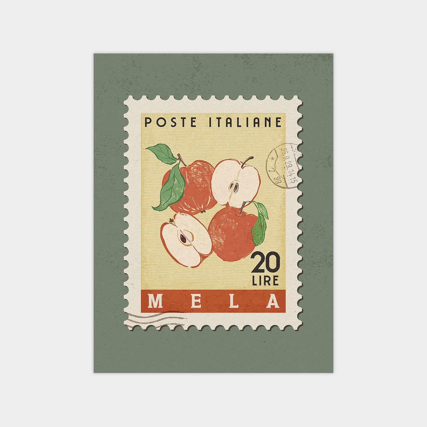 The image is a postage stamp from Mela, Italy, featuring an illustration of apples.