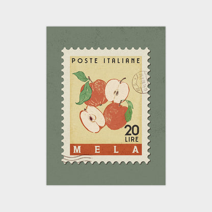 The image is a postage stamp from Mela, Italy, featuring an illustration of apples.