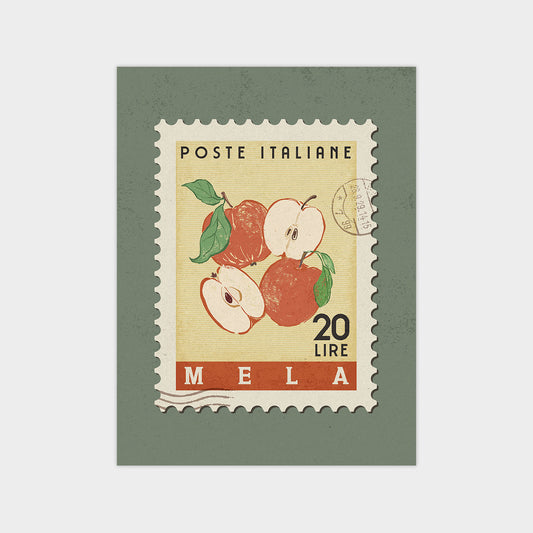 The image is a postage stamp from Mela, Italy, featuring an illustration of apples.