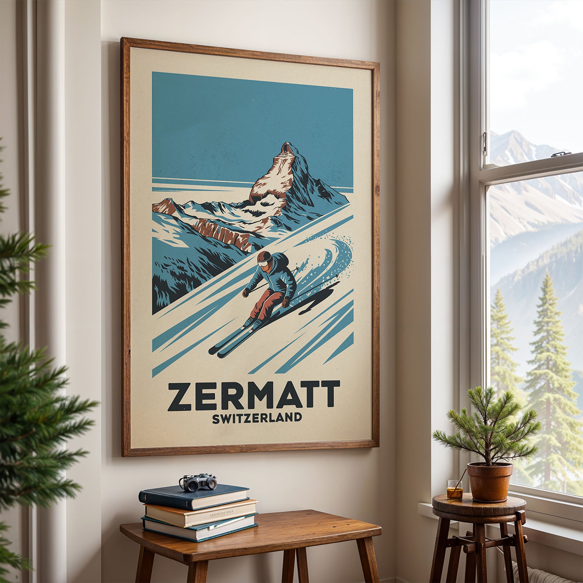 a framed poster of a skier on a mountain slope, with the word "ZERMATT" prominently displayed. The poster is hanging on a wall, and there is a small table with a plant and some books in front of it.