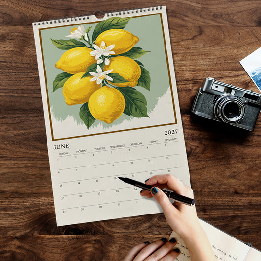 A person's hand is writing in a notebook while holding a pen, with a calendar featuring a lemon illustration and a camera on a wooden surface.
