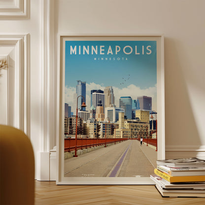 A framed poster of the Minneapolis skyline, with the text "MINNEAPOLIS MINNESOTA" prominently displayed.