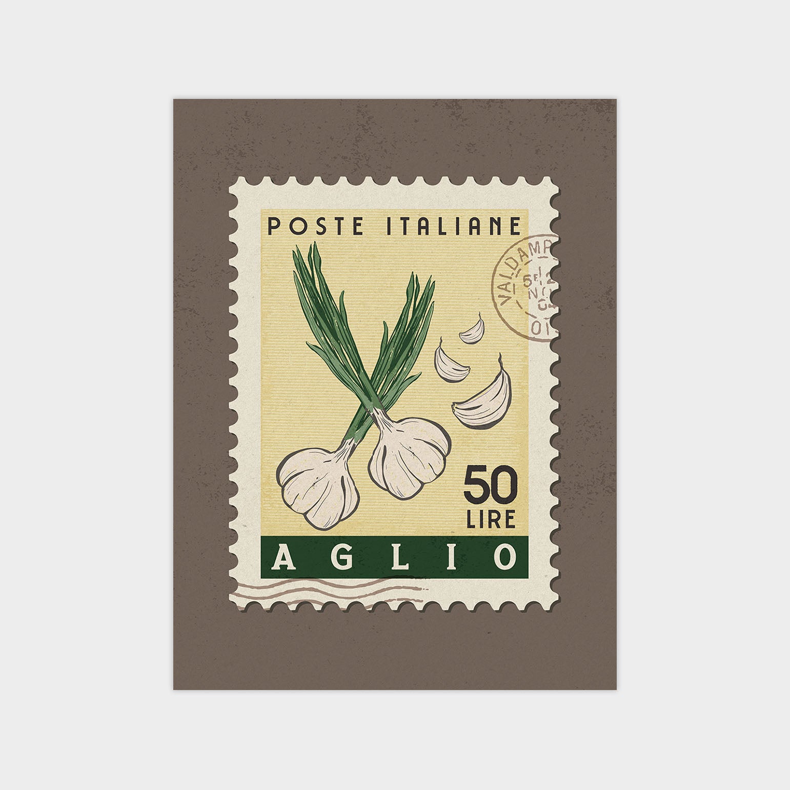 a stamp with a picture of garlic on it