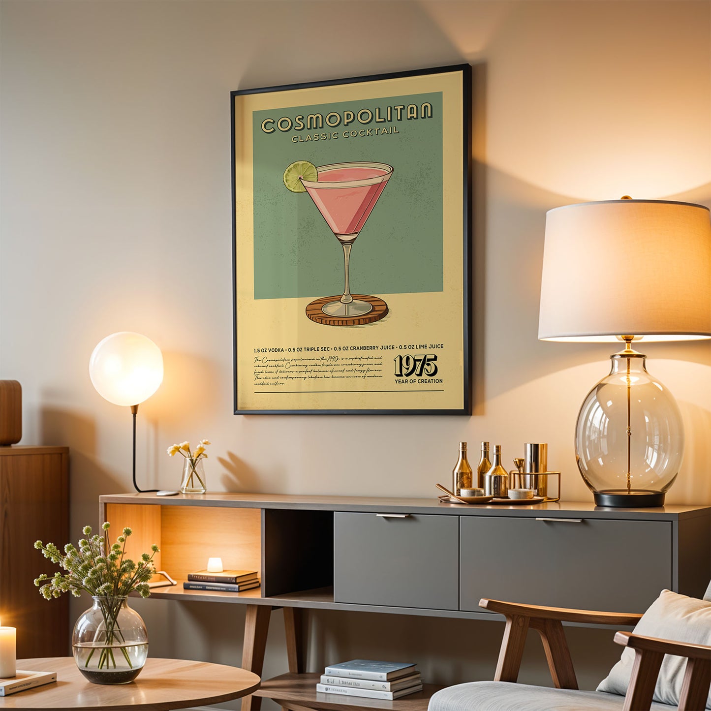 a living room with a framed poster of a cocktail on the wall, a lamp, a vase with flowers, and a bookshelf.