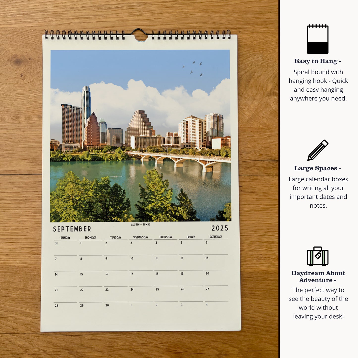 a calendar with a picture of a city on it