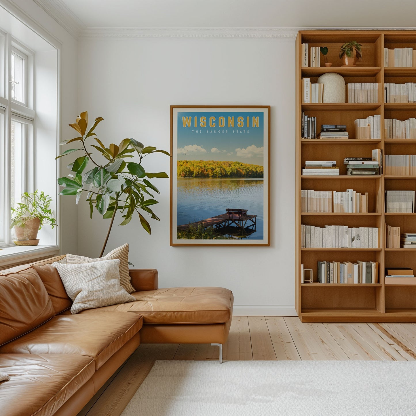 a cozy living room with a large bookshelf filled with books, a comfortable leather couch, and a framed poster of a scenic lake and dock in Wisconsin.