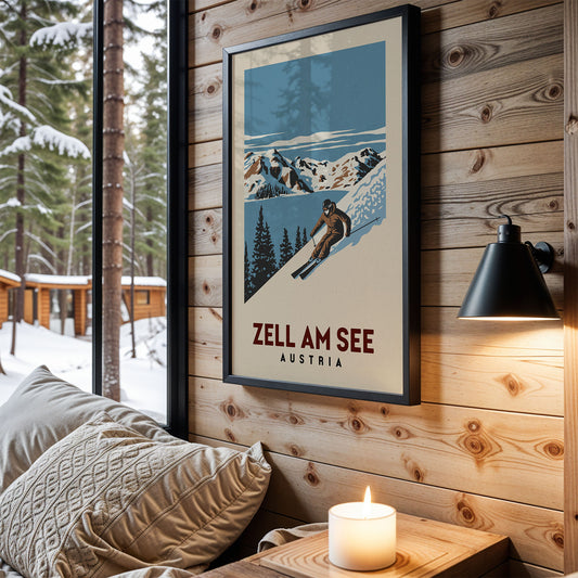 a cozy cabin interior with a framed poster of a skier on the wall, a lit candle on a wooden nightstand, and a view of a snowy forest through a window.