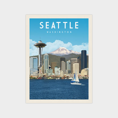 A poster of the Seattle skyline, featuring the Space Needle, the city's iconic skyline, and a sailboat on the water.