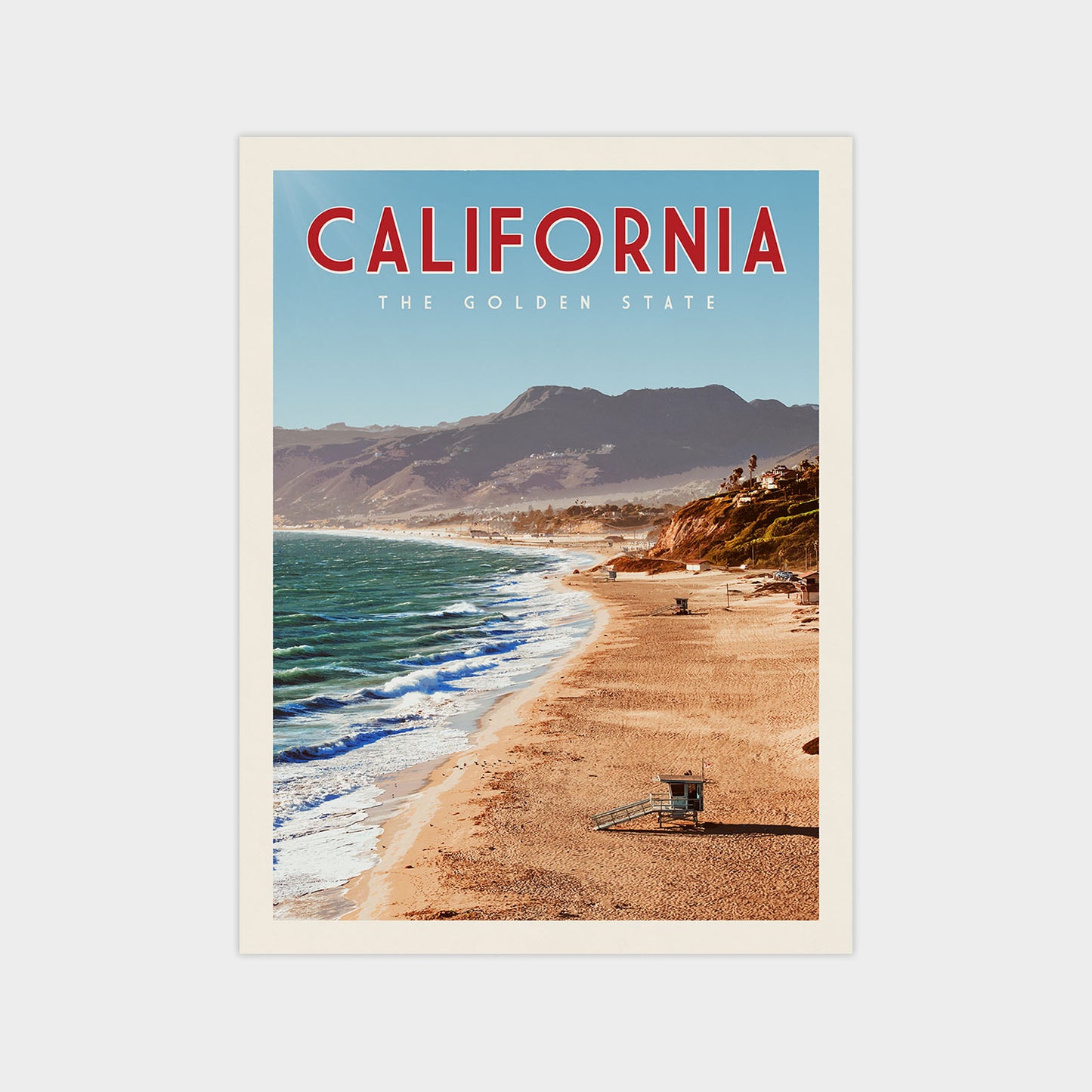 The image is a poster for California, featuring a beach scene with mountains in the background and a lifeguard tower on the sand.