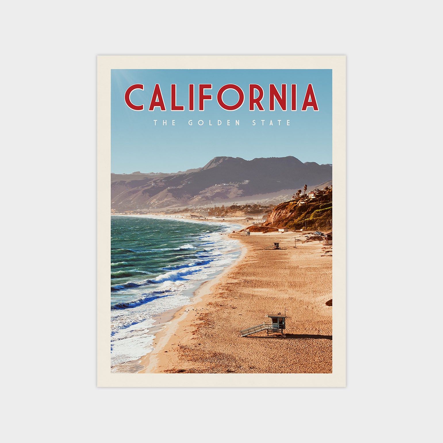 The image is a poster for California, featuring a beach scene with mountains in the background and a lifeguard tower on the sand.