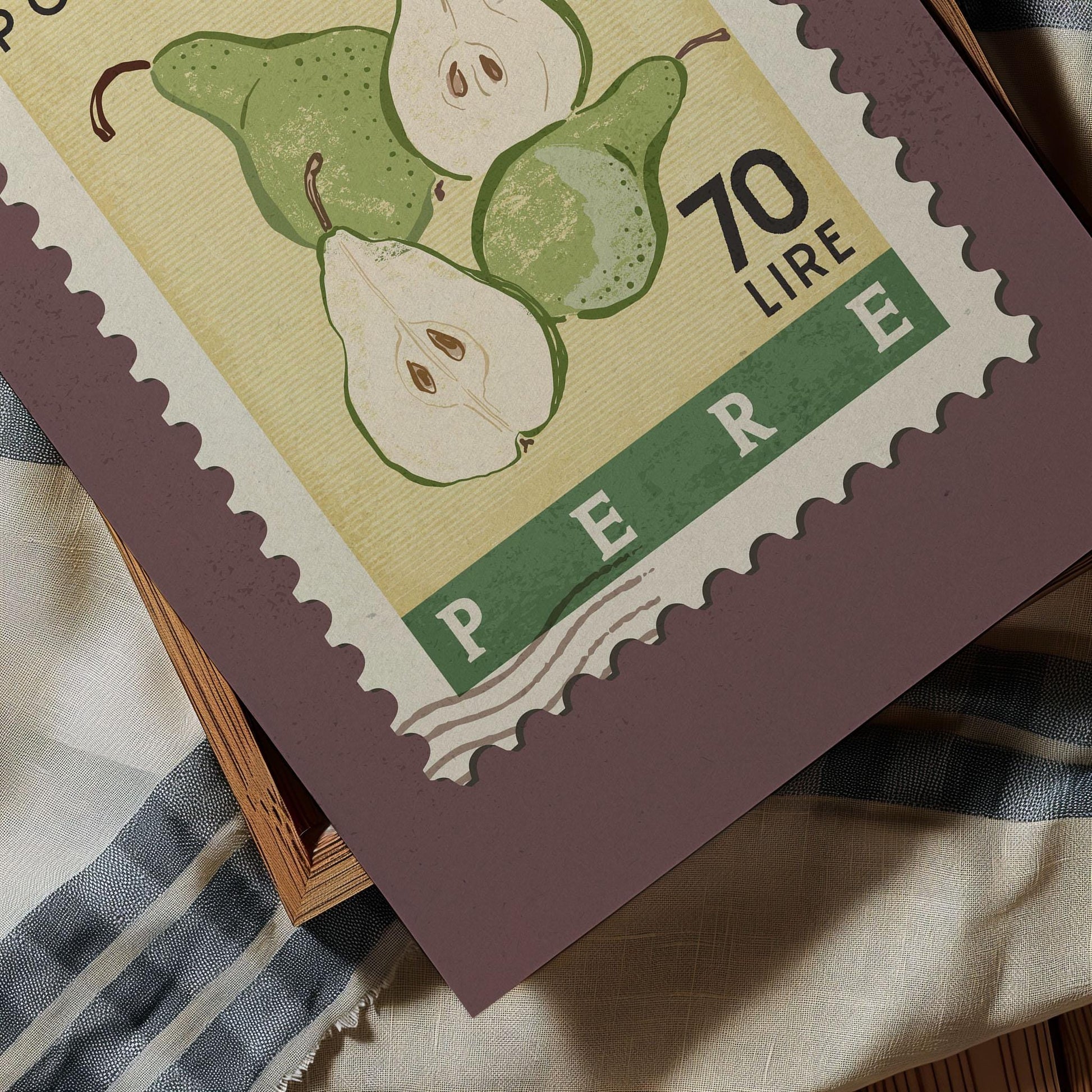 A postage stamp featuring a close-up of pears, with the word &quot;PERE&quot; prominently displayed.