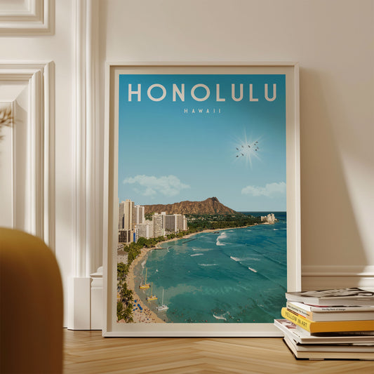 A framed poster of the Hawaiian island of Honolulu, Hawaii, featuring a beach and ocean view.