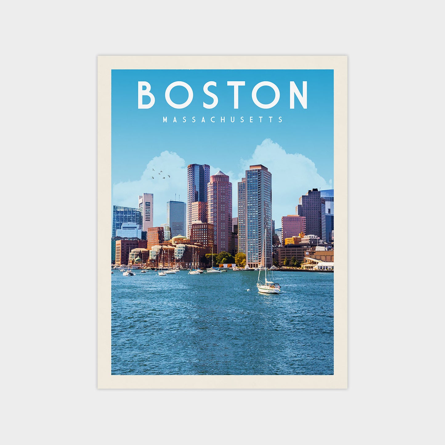 A poster of the Boston skyline, featuring the city's iconic skyscrapers and a sailboat on the water.