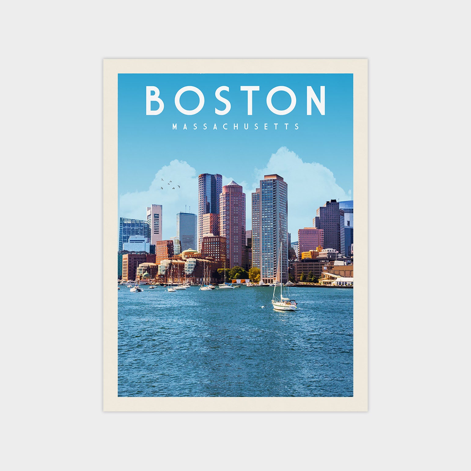 A poster of the Boston skyline, featuring the city's iconic skyscrapers and a sailboat on the water.