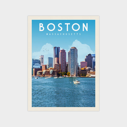 A poster of the Boston skyline, featuring the city's iconic skyscrapers and a sailboat on the water.