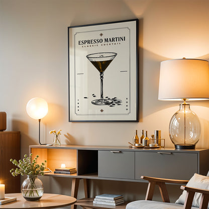 a living room with a framed poster of an espresso martini hanging on the wall, a wooden sideboard with a lamp and decorative items, and a chair in the foreground.