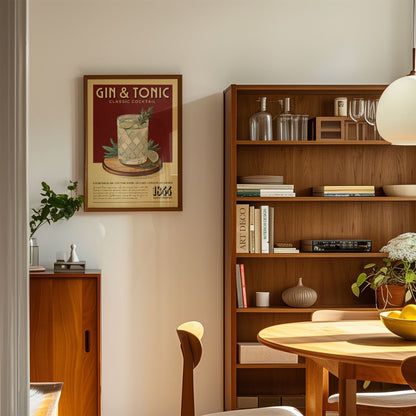 a cozy living room with a wooden bookshelf, a wooden cabinet, and a framed poster of a gin and tonic cocktail on the wall.