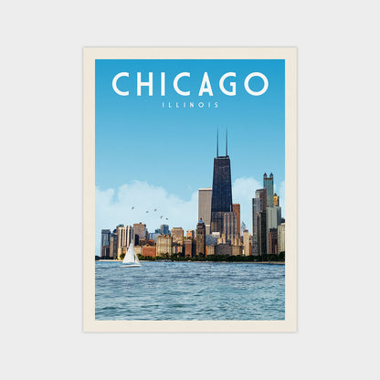 A framed poster of the Chicago skyline, featuring the iconic Chicago Tower and other skyscrapers against a clear blue sky.