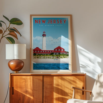 a framed poster of a lighthouse on a wall, with a wooden cabinet below it and a plant to the left.