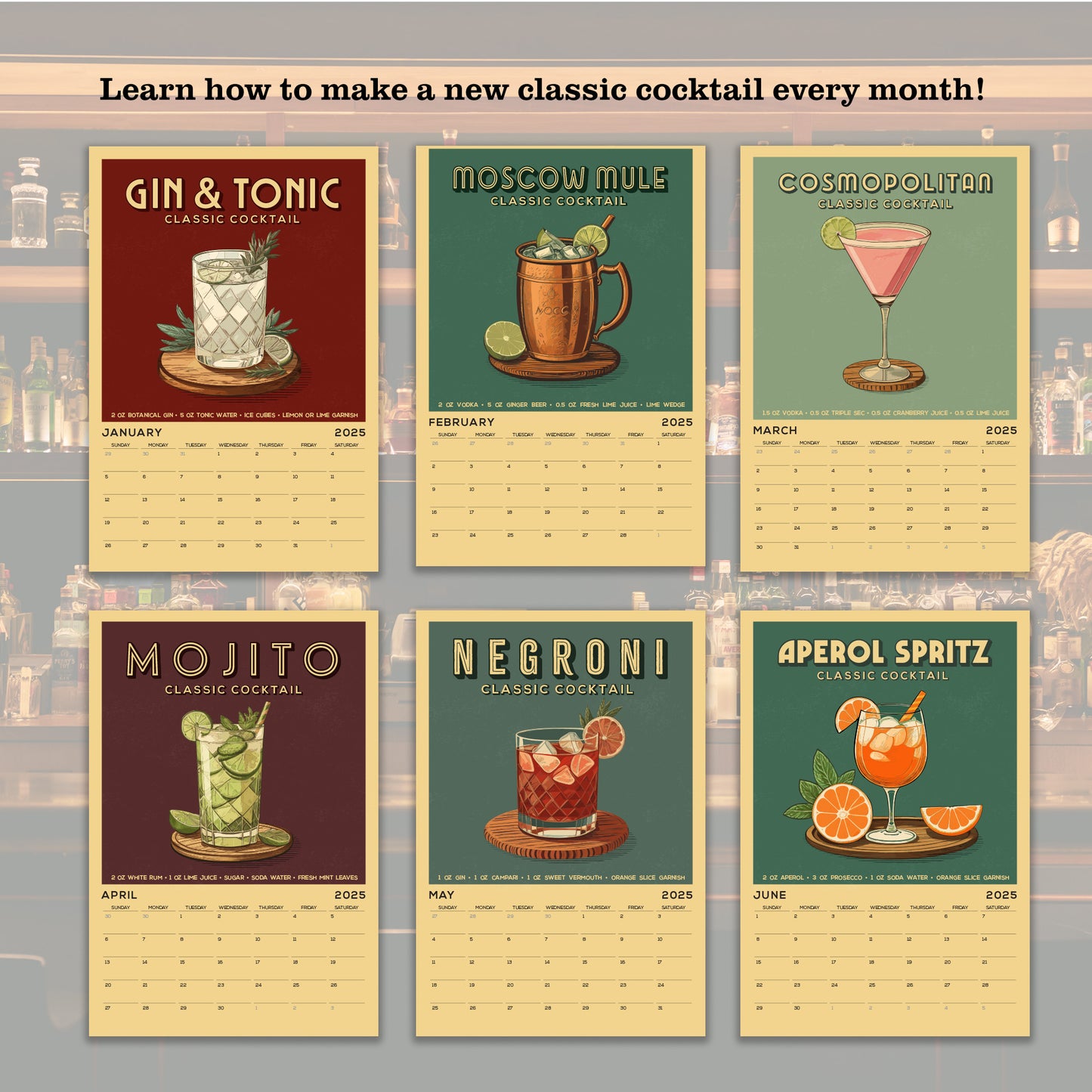 a calendar with a variety of cocktails on it