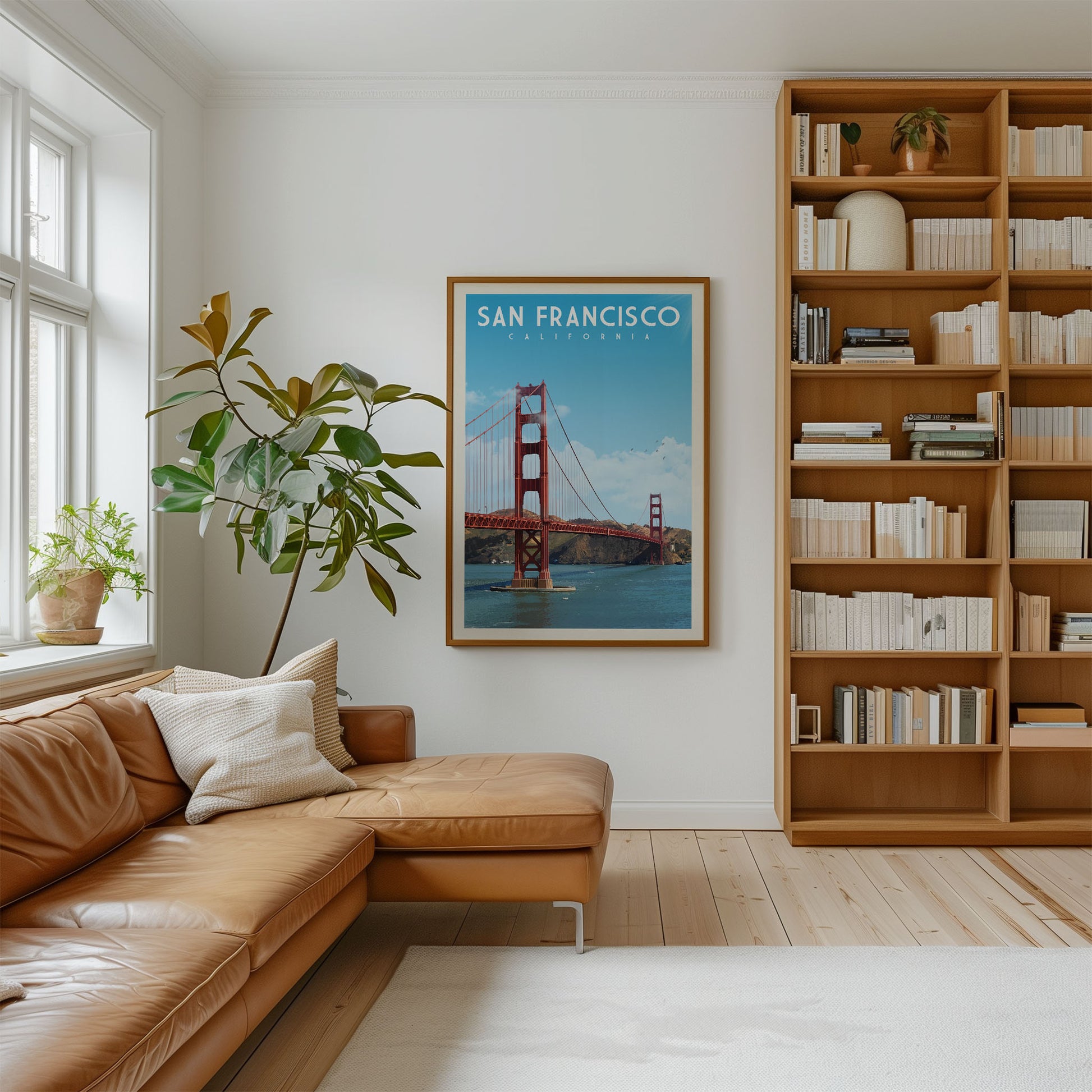a cozy living room with a large bookshelf filled with books, a comfortable leather couch, and a framed poster of the Golden Gate Bridge hanging on the wall.