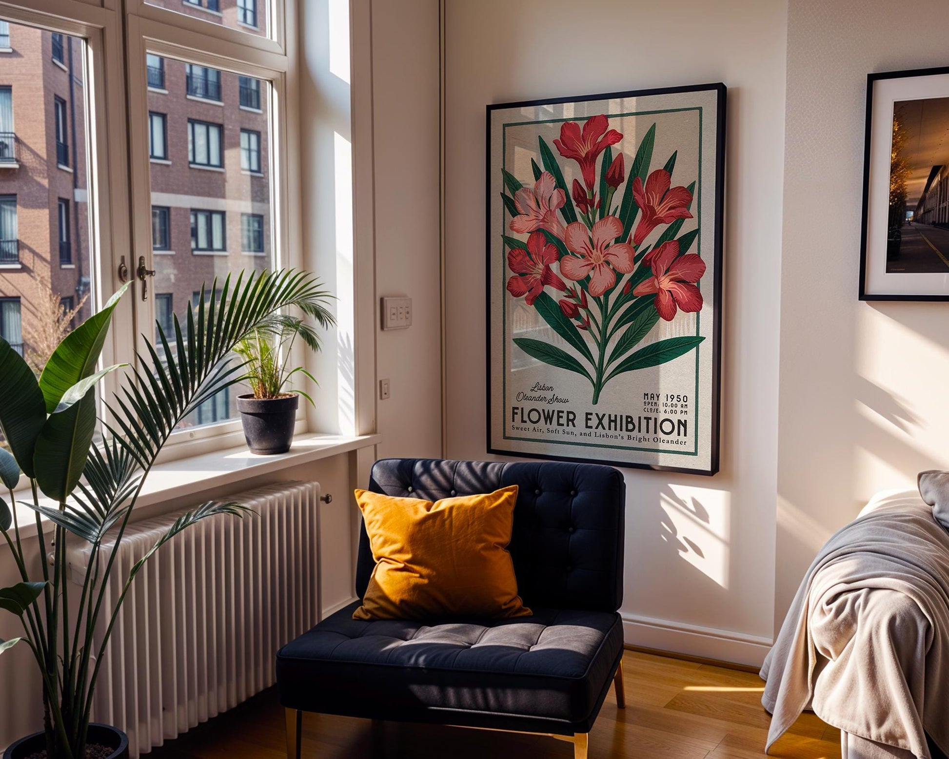 a room with a chair and a poster on the wall