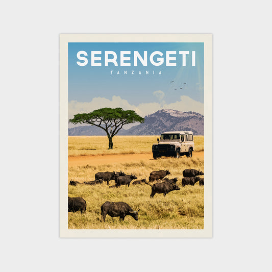 a safari scene in Serengeti National Park, Tanzania, featuring a herd of wildebeest grazing in the foreground and a safari vehicle in the background.