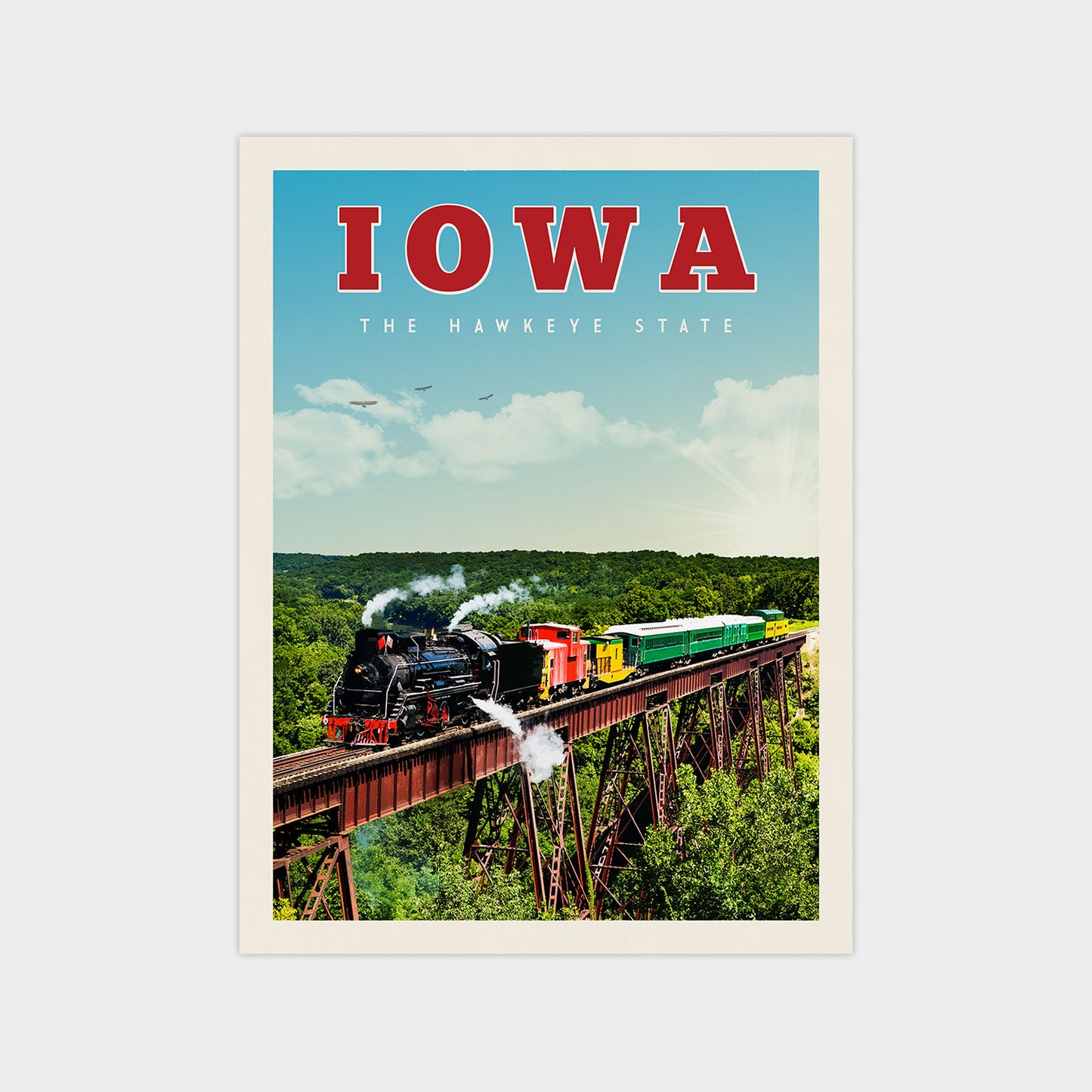 A vintage-style poster depicting a steam locomotive crossing a bridge over a lush green landscape, with the text "IOWA THE HAWKEYE STATE" prominently displayed.