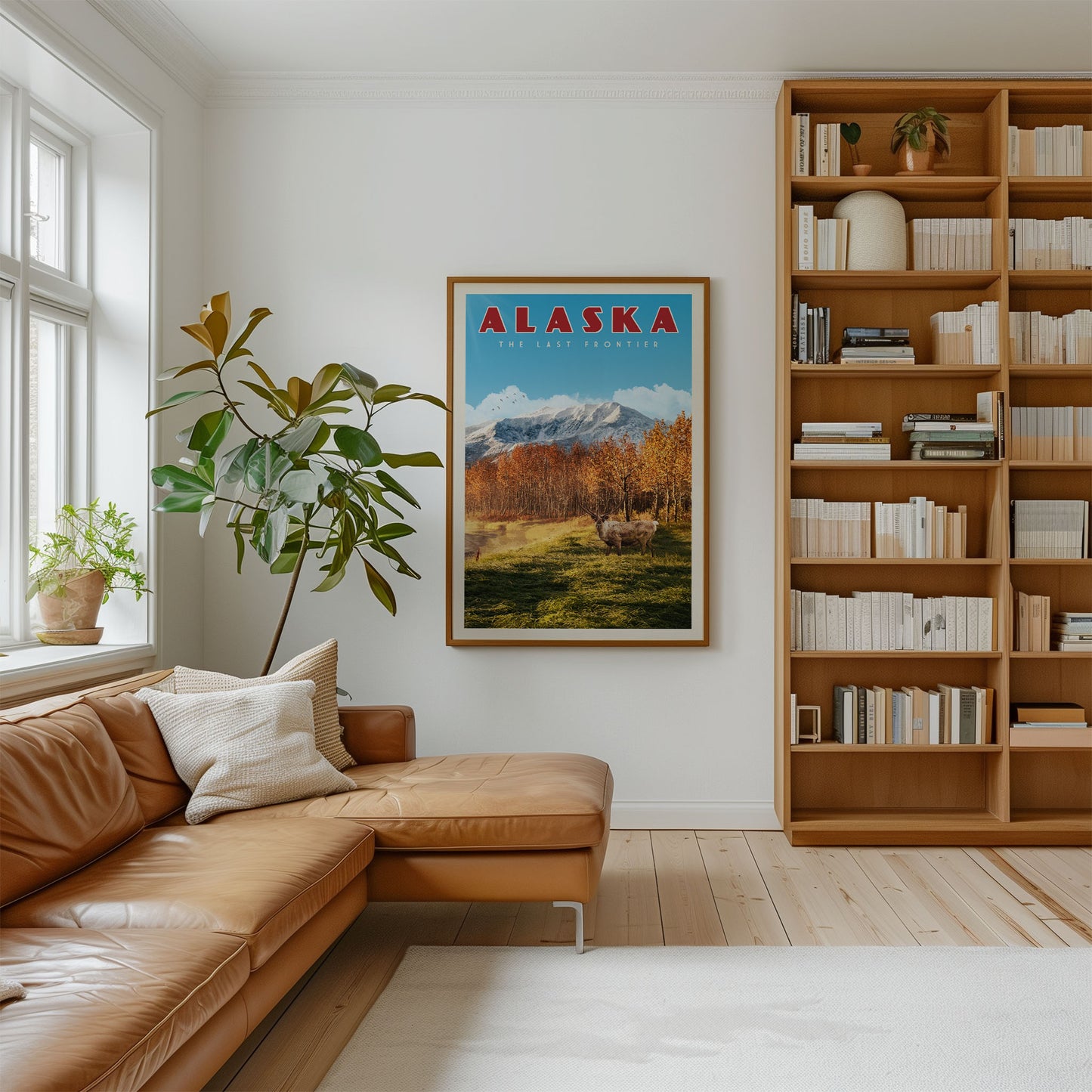 a cozy living room with a large bookshelf filled with books, a comfortable leather couch, and a framed poster of Alaska hanging on the wall.