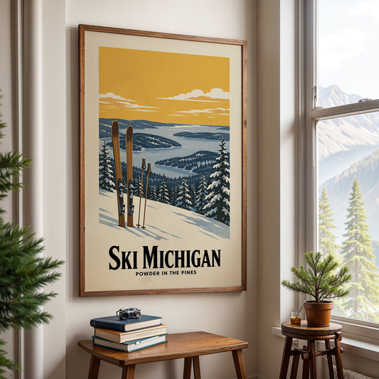 A framed poster of a snowy mountain landscape with skis and pine trees hangs on a wall, with a small table and a potted plant in front of it.