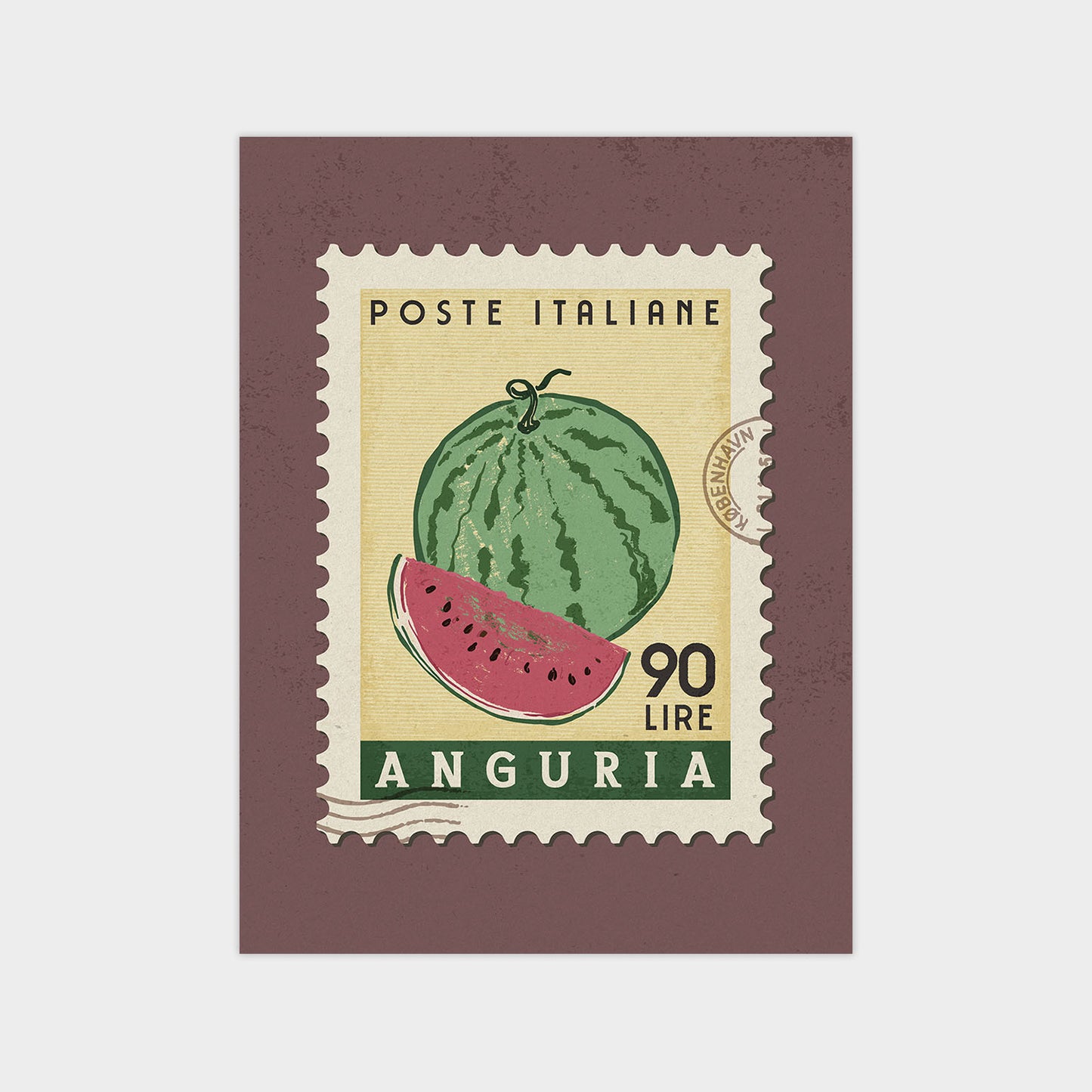 The image is a postage stamp from Anguria, featuring a watermelon illustration.