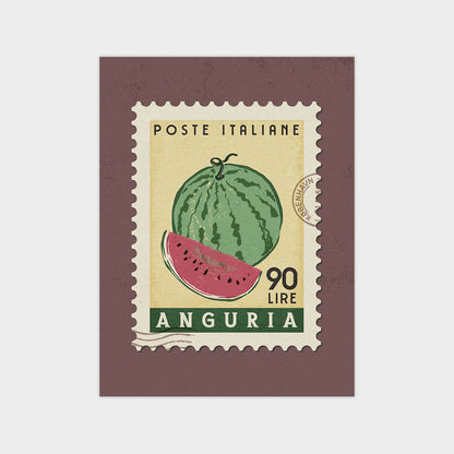 The image is a postage stamp from Anguria, featuring a watermelon illustration.