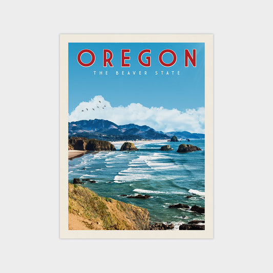 The image is a poster for Oregon, featuring a scenic coastal landscape with mountains, cliffs, and a beach.