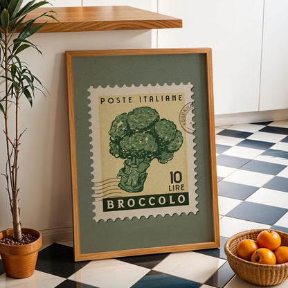 a picture of broccoli on a table next to a basket of oranges