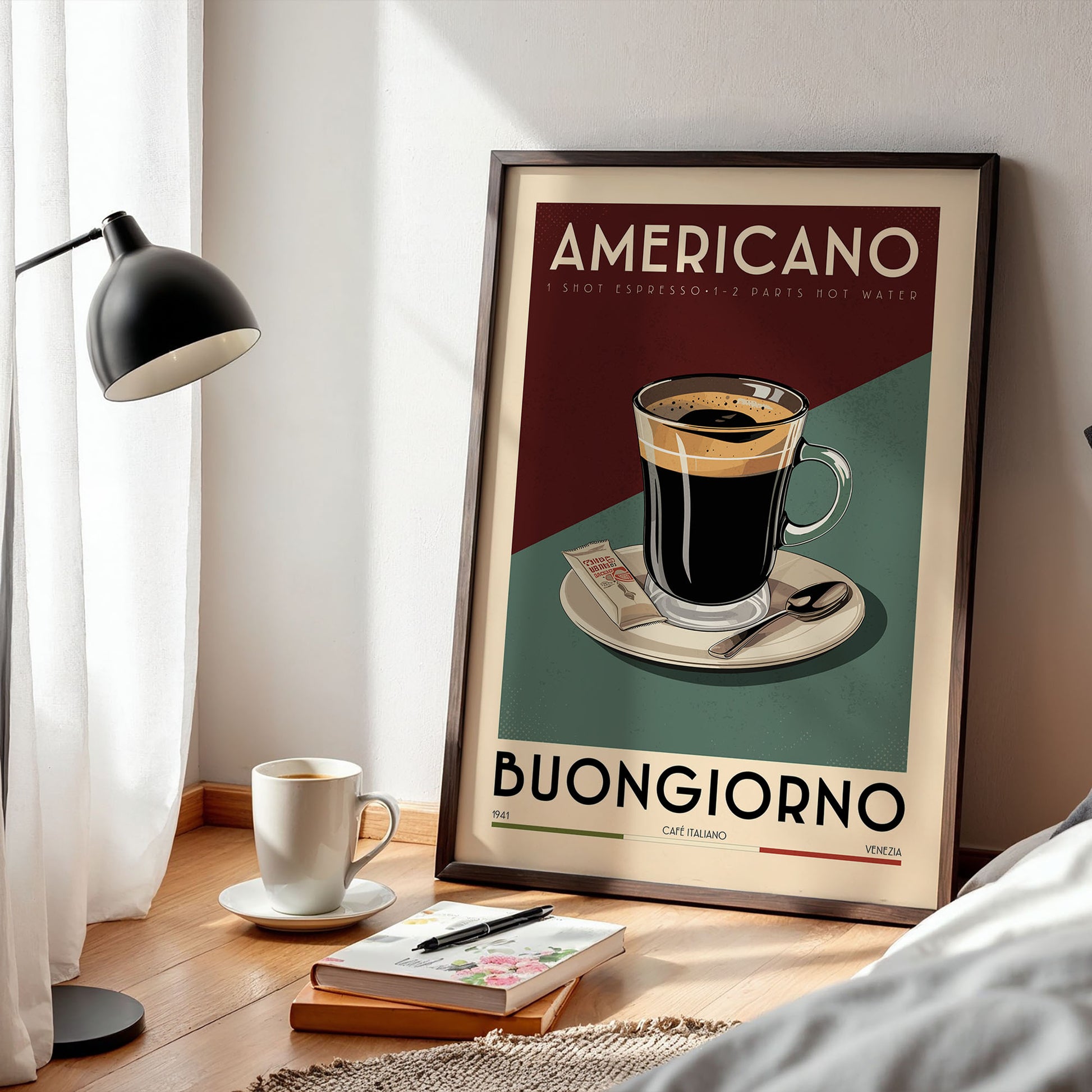 a framed poster of an Americano coffee cup on a bedside table, with a lamp, a book, and a cup of coffee nearby.