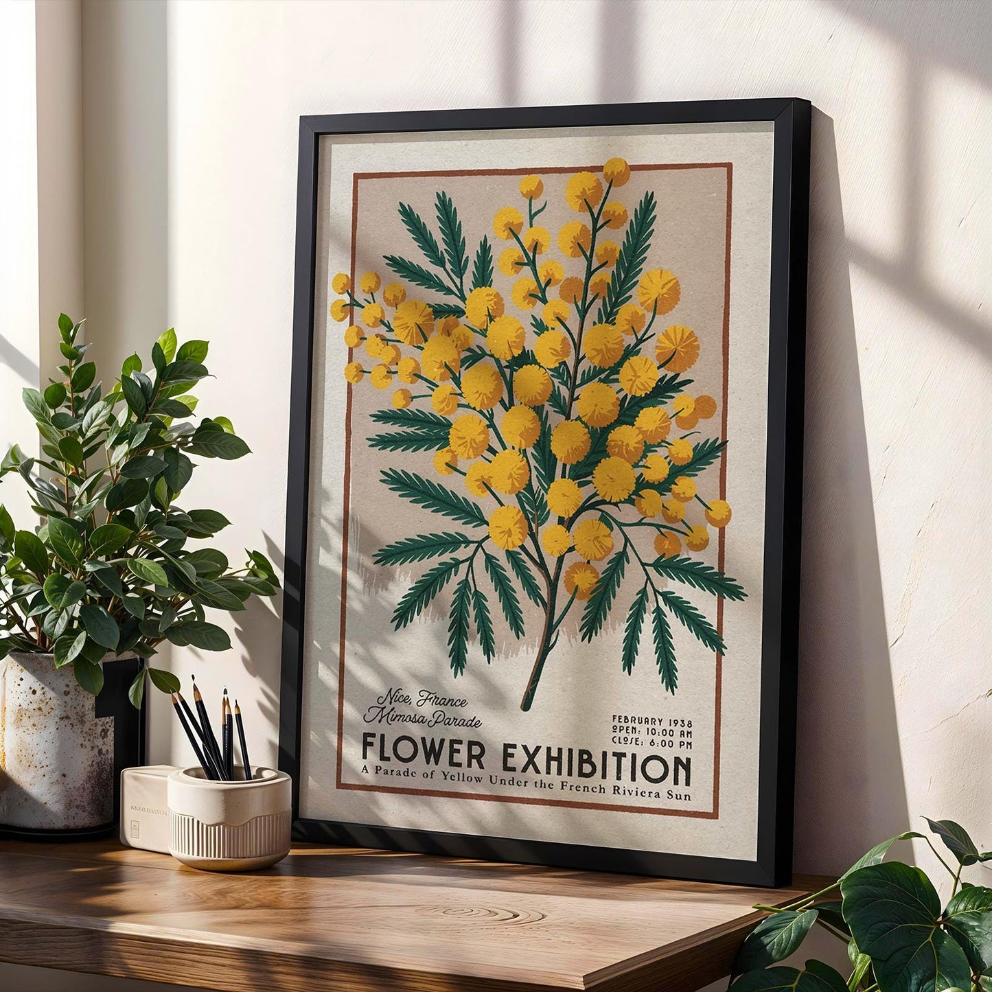 a picture of yellow flowers on a shelf