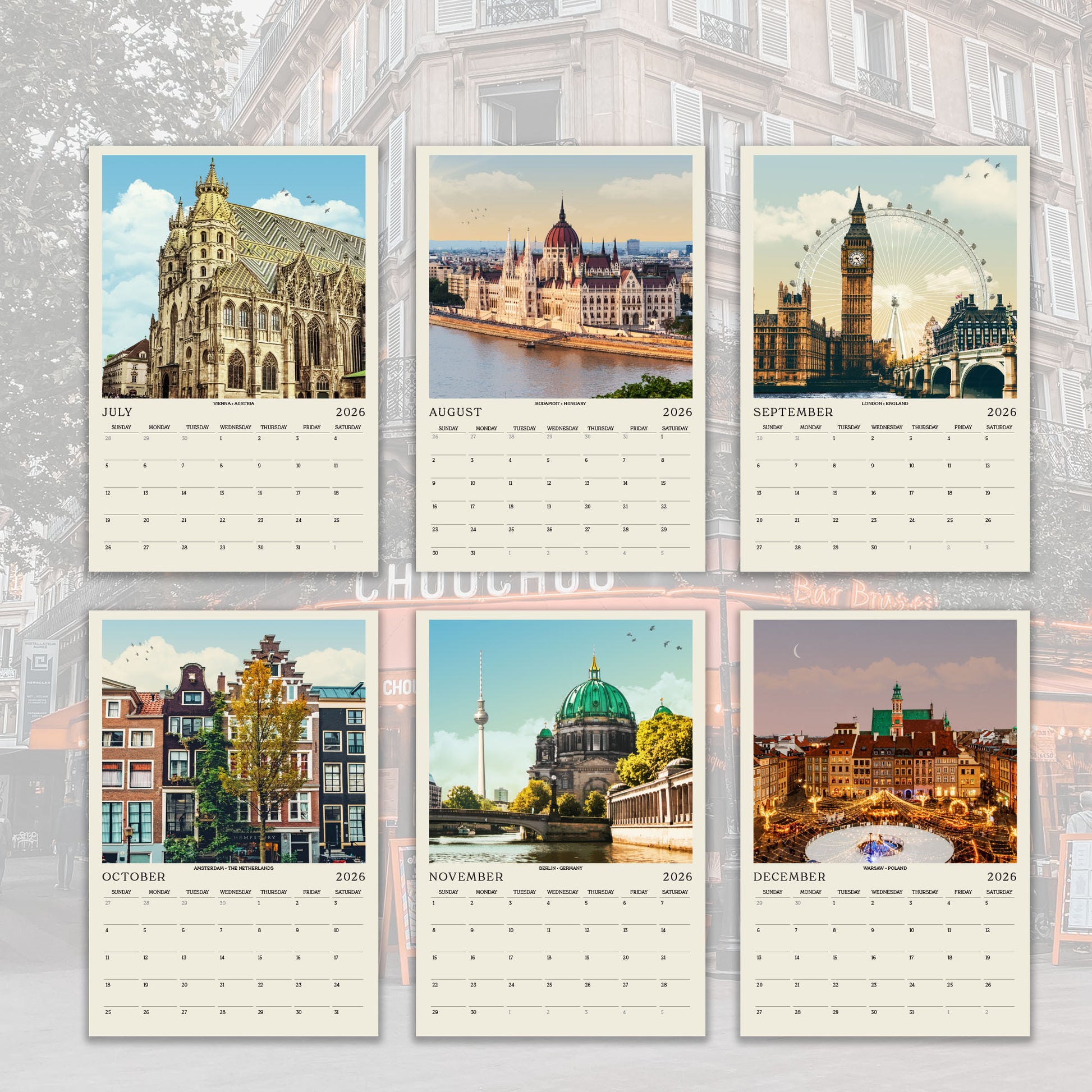 The image is a collage of six calendar pages featuring various cityscapes and landmarks from different months of the year.
