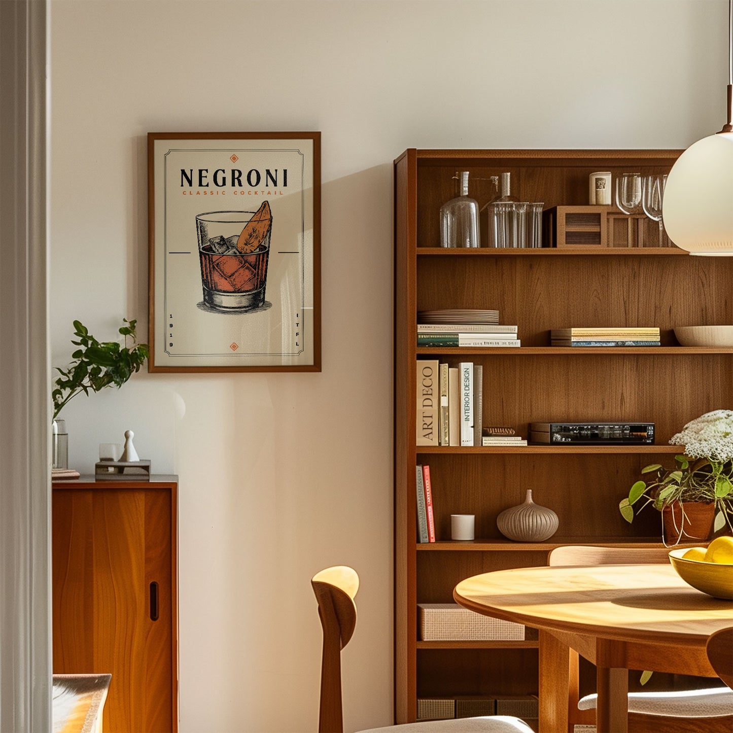a cozy living room with a wooden bookshelf, a framed poster of a cocktail glass, and a wooden cabinet. The room has a warm and inviting atmosphere, with natural light streaming in from the window.