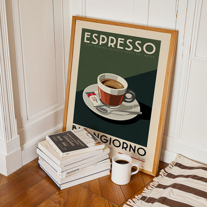 A framed poster of espresso coffee on a table, with a stack of books and a mug of coffee nearby.