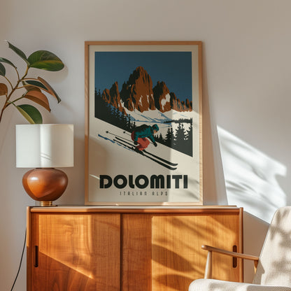 a framed poster of a skier on a mountain, with the text "DOLOMITI ITALIAN ALPS" below the illustration.